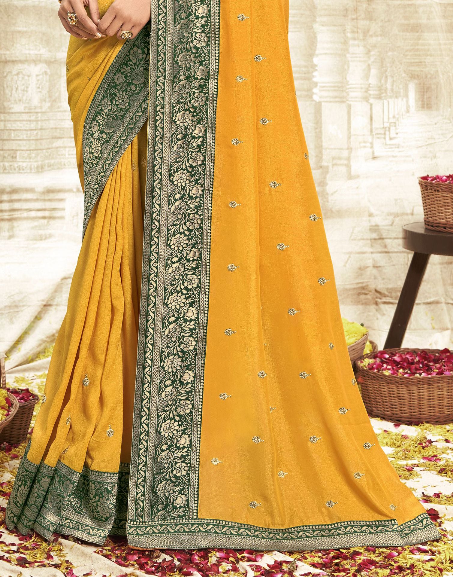 Yellow Embroidery Banarasi Silk Saree | Leemboodi