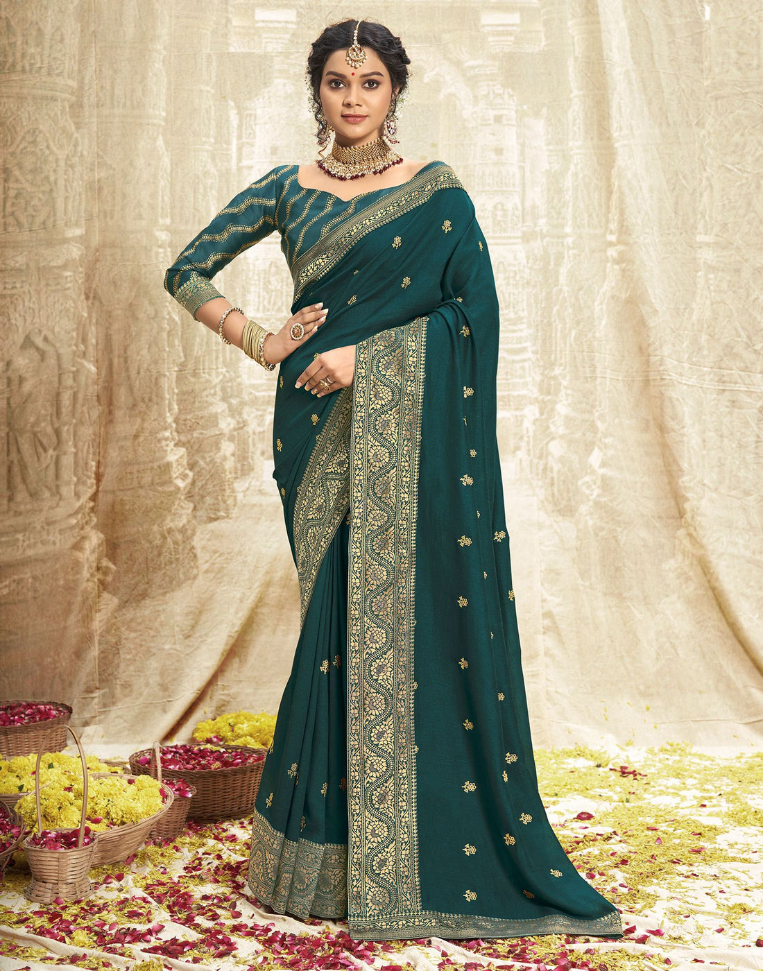 Dark Green Embroidery Banarasi Silk Saree | Leemboodi