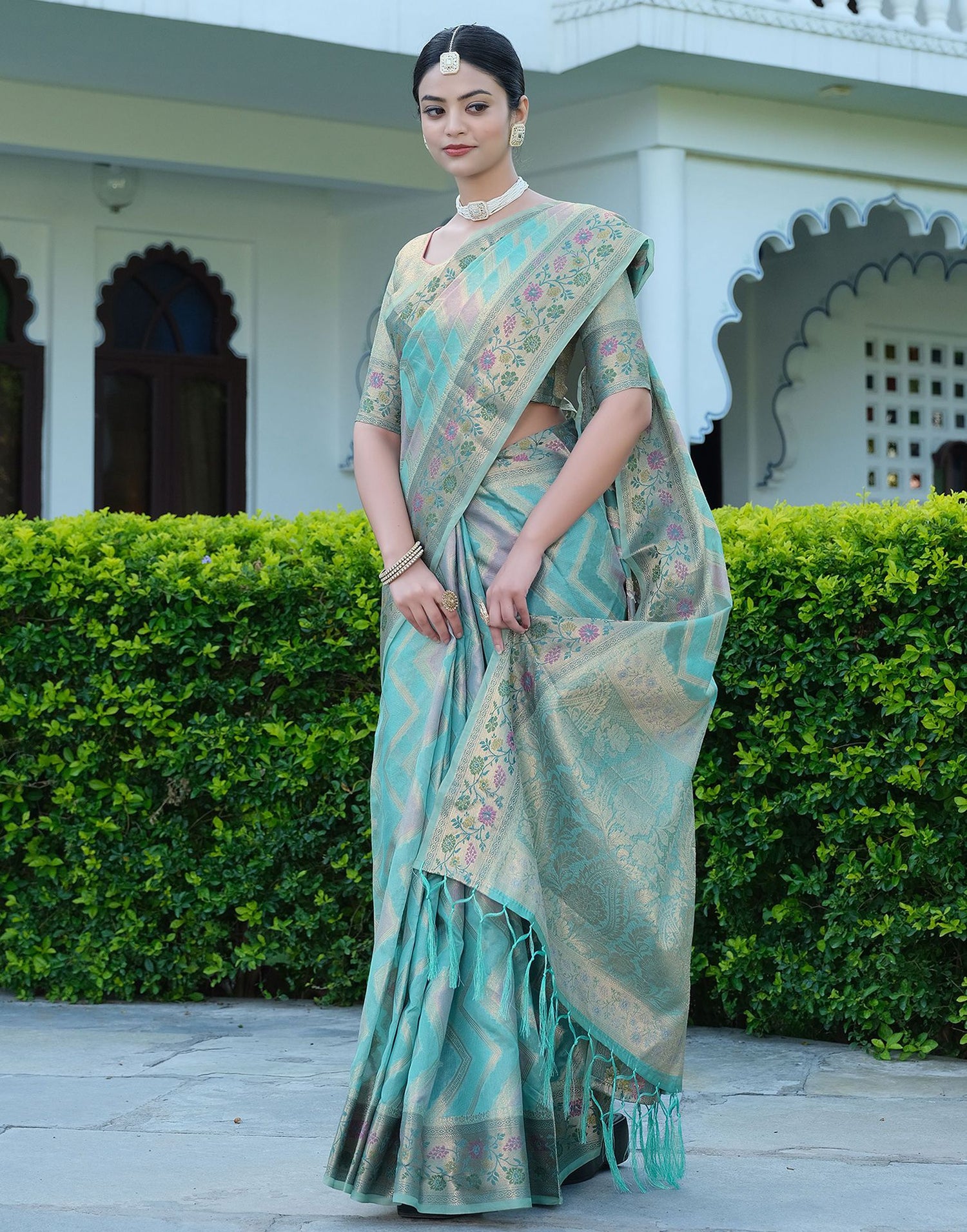 Sky Blue Woven Banarasi Organza Saree | Leemboodi