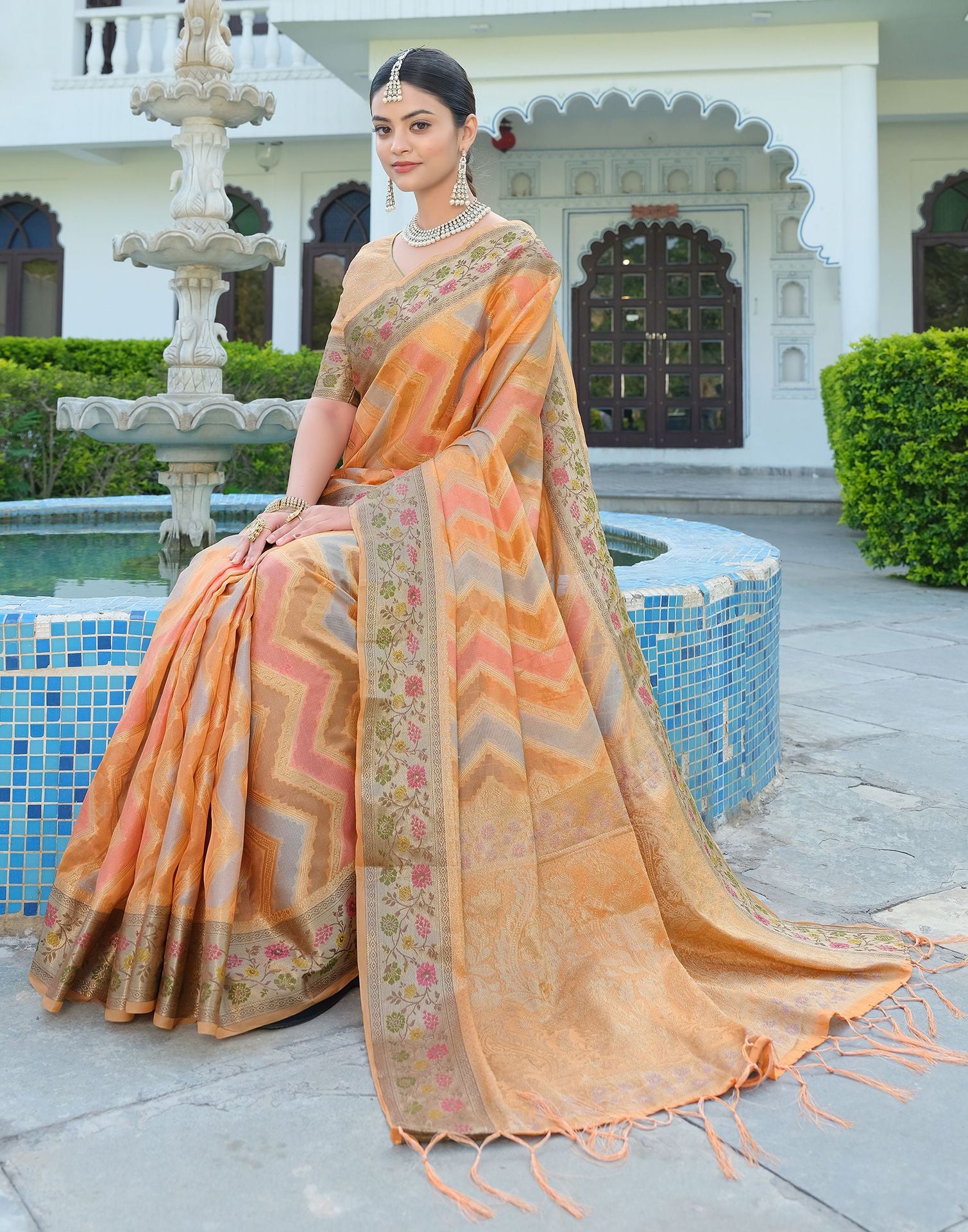 Navy Blue & Orange Organza Saree With Printed Work – Bahuji - Online  Fashion & Lifestyle Store