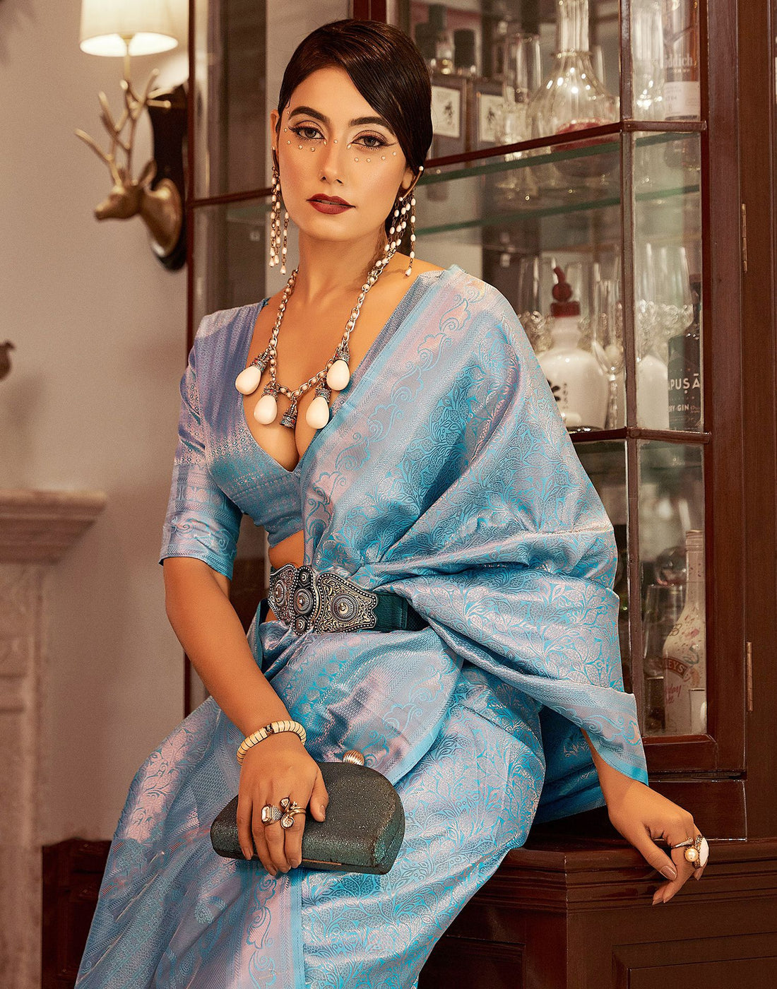 Sky Blue Jacquard Kanjivaram Silk Saree | Leemboodi