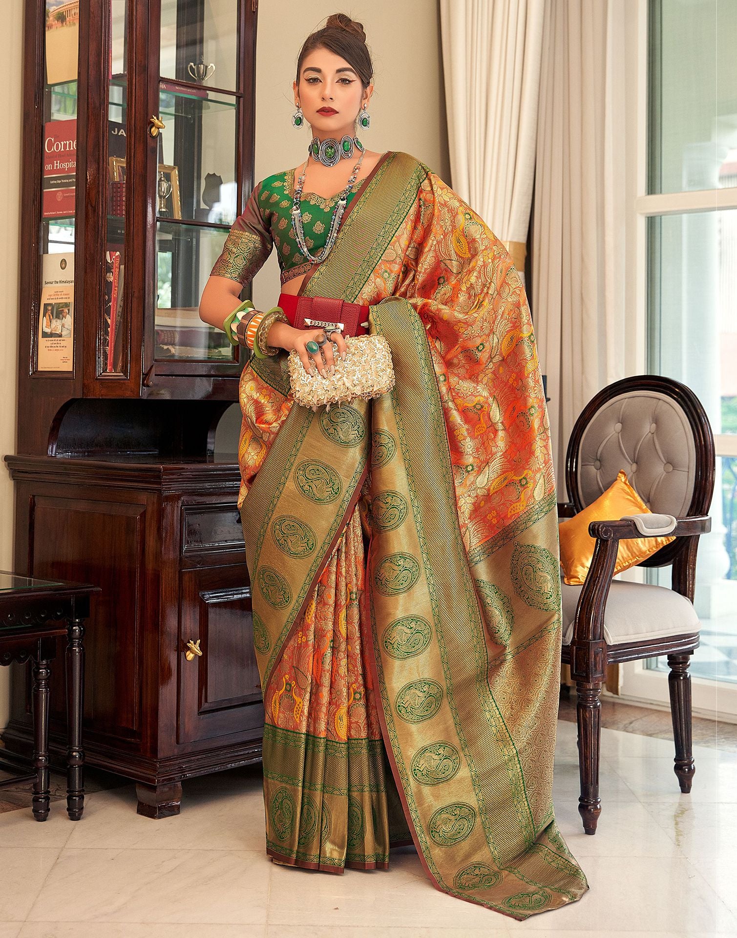 Buy Orange woven design silk saree with Green border and blouse piece at  Amazon.in