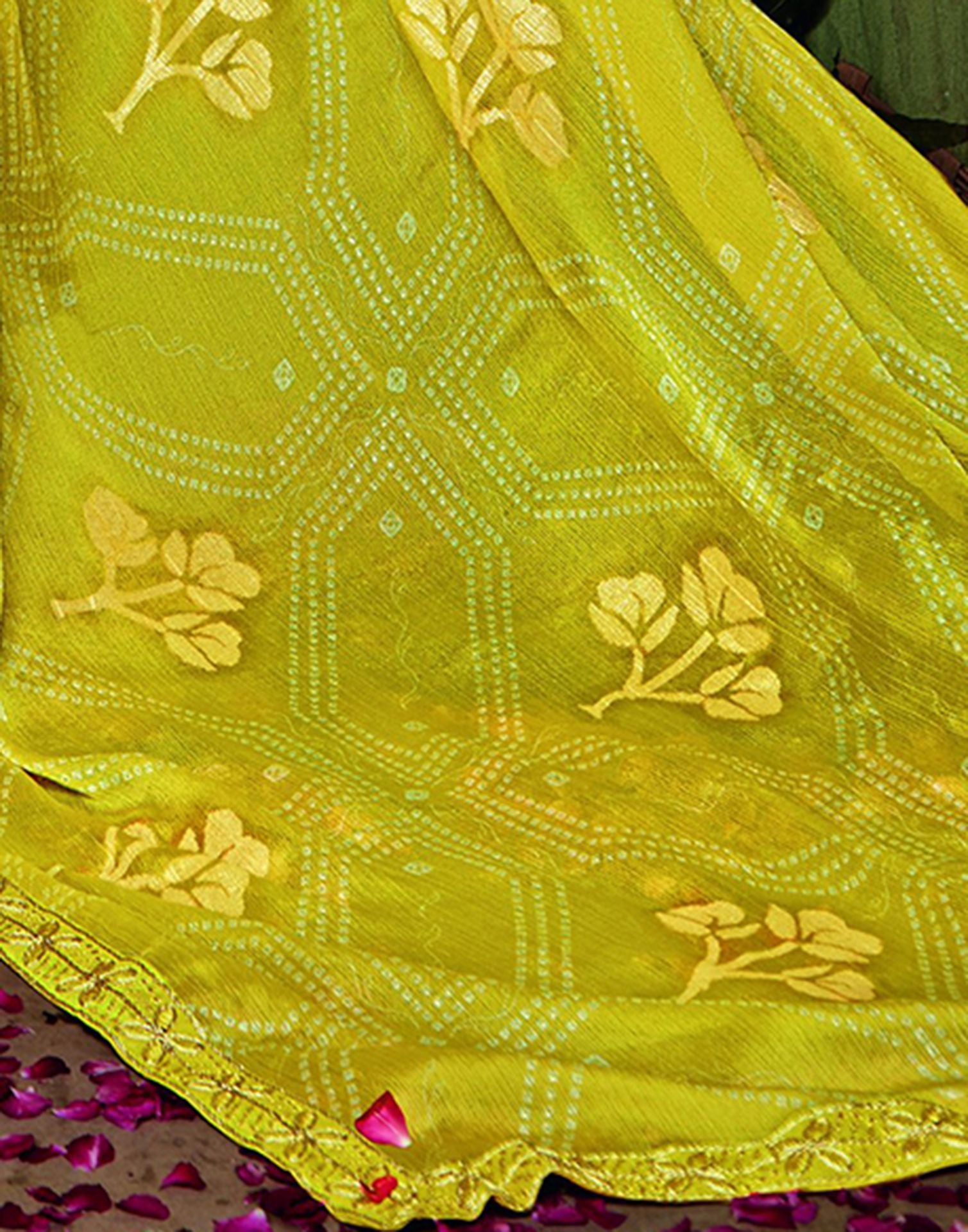 Parrot Green Chiffon Foil Printed Bandhani Saree | Leemboodi