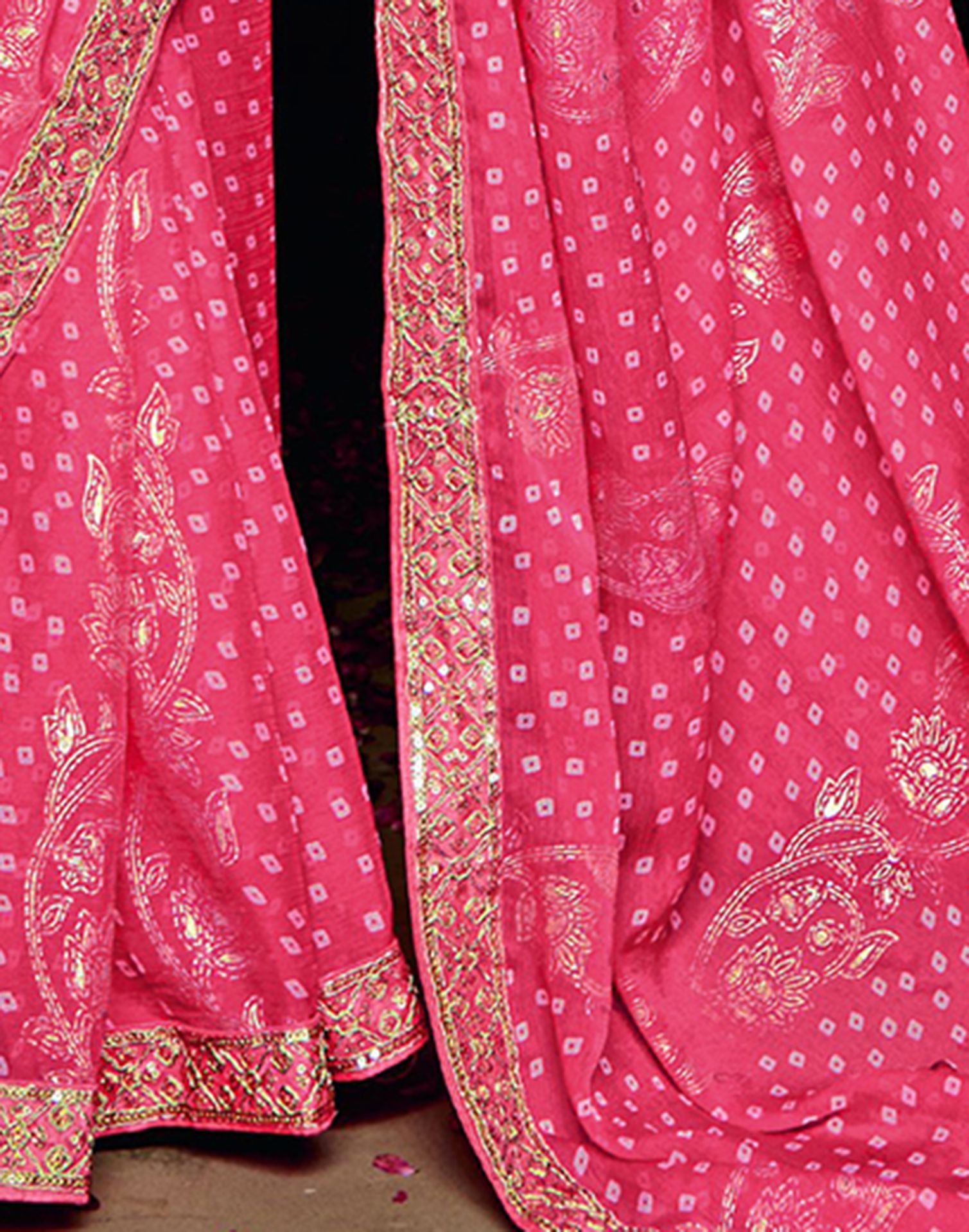 Pink Chiffon Foil Printed Bandhani Saree | Leemboodi