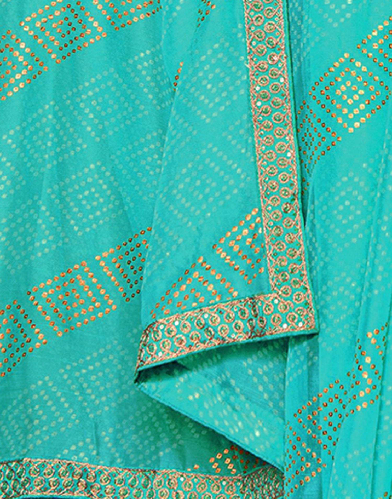 Turquoise Chiffon Foil Printed Bandhani Saree | Leemboodi