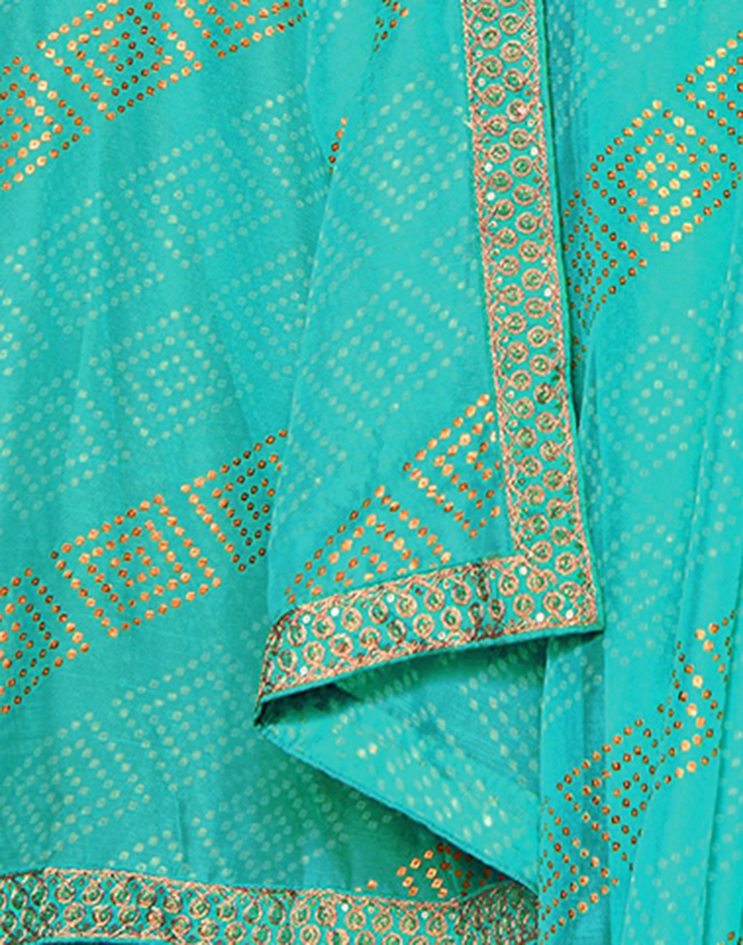 Turquoise Chiffon Foil Printed Bandhani Saree | Leemboodi