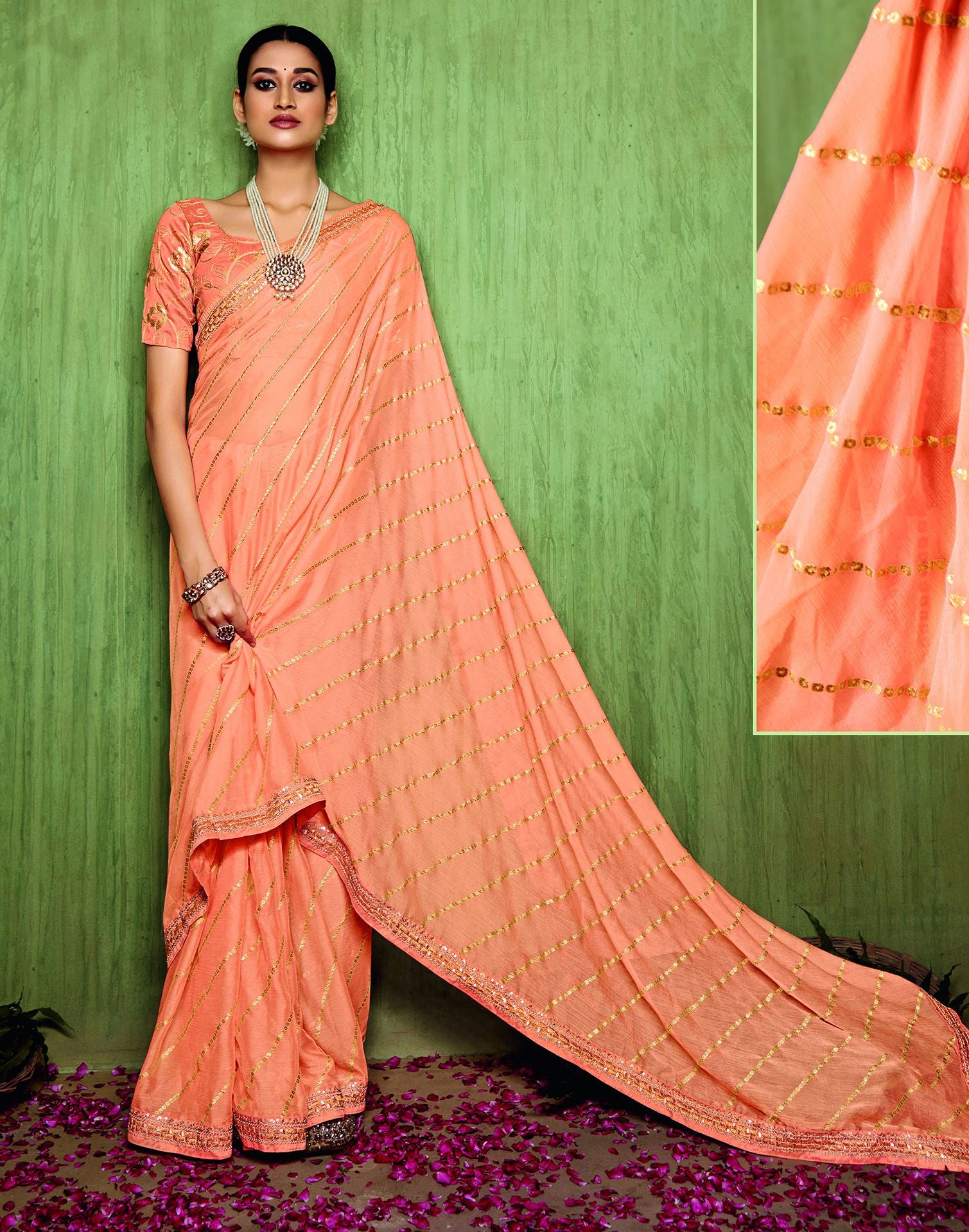 Light Orange Chiffon Foil Printed Bandhani Saree | Leemboodi