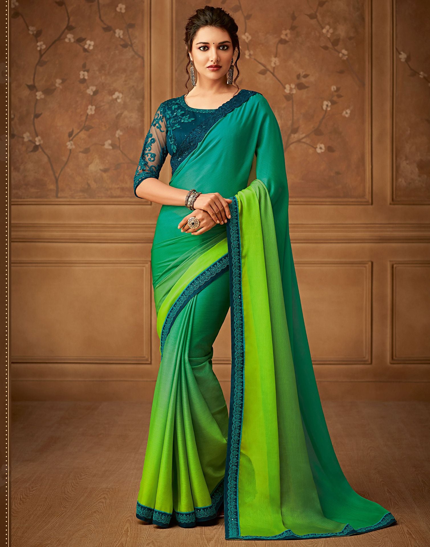 Parrot green Georgette Designer Saree with kardana embroidery ogee  patterns,border of motti,stone,bead & french knotwork