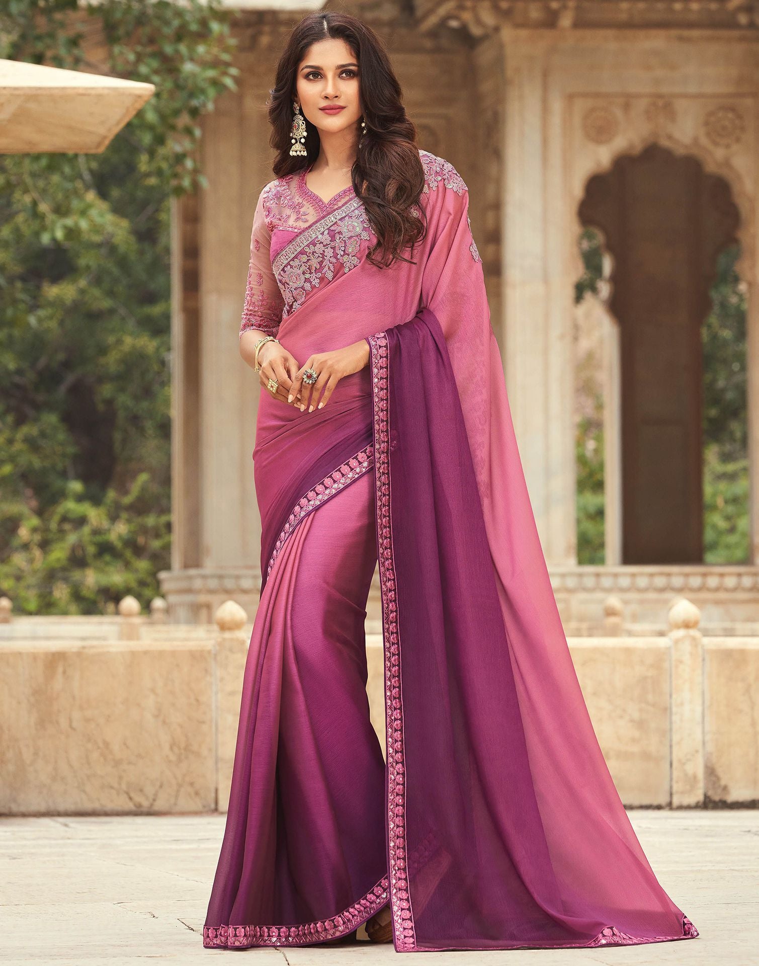 Buy solid plain saree with blouse online | Looksgud.in