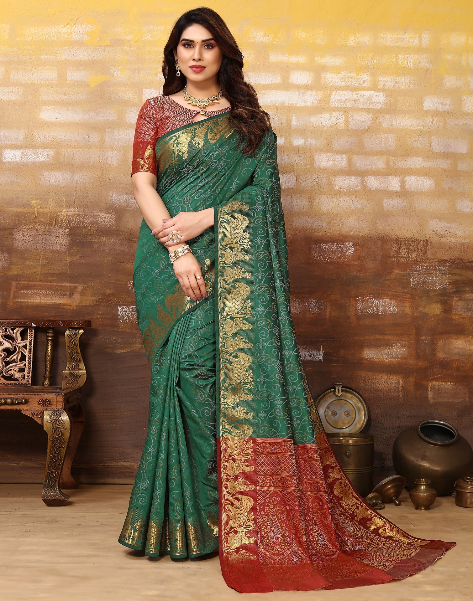 Buy SGF11- Women's Kanjivaram Soft Lichi Silk Saree With Blouse Piece (Dark  Green) at Amazon.in