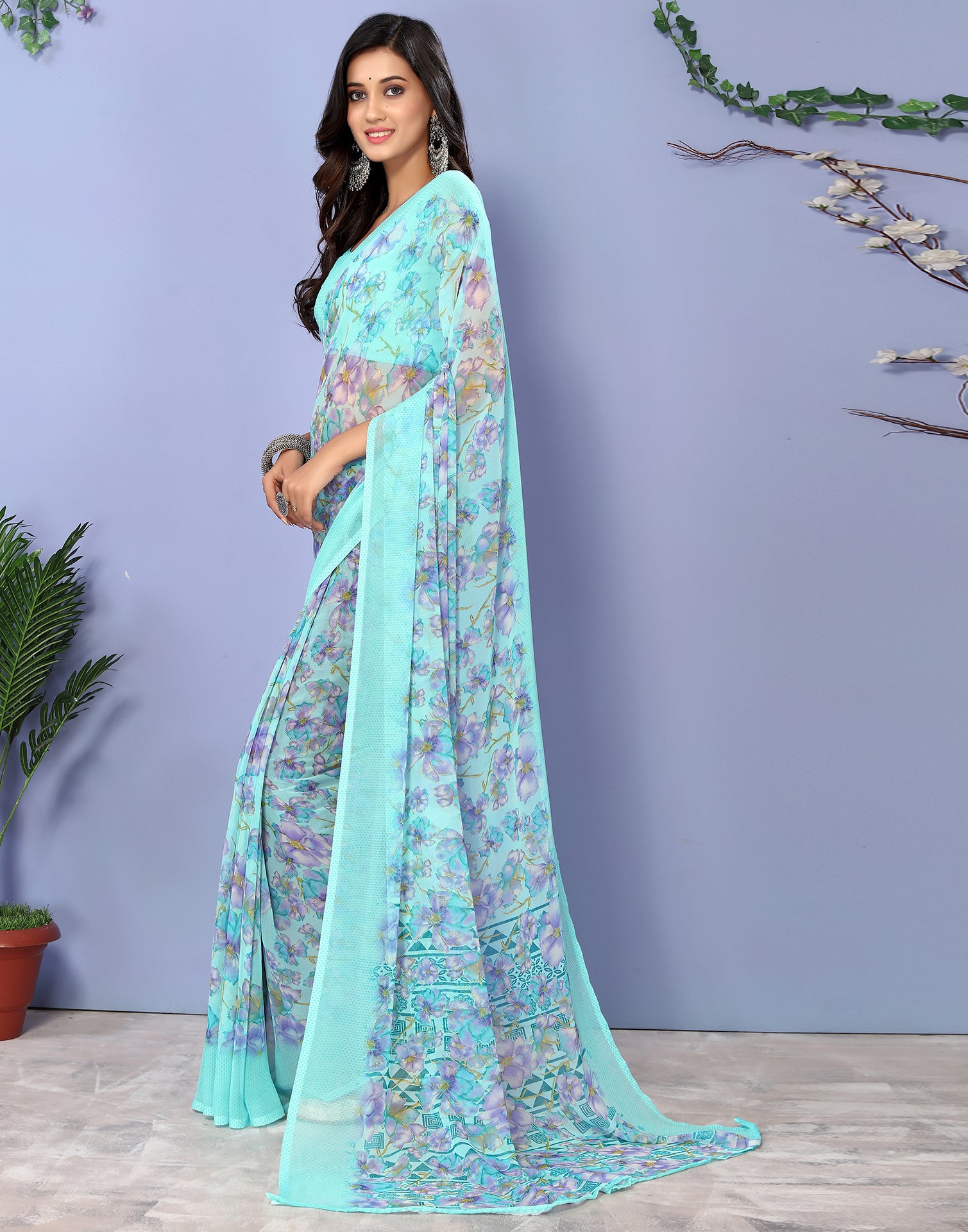 Buy Indian Sari | Sky Blue Embroidery Lucknowi Saree In USA Los Angeles CA