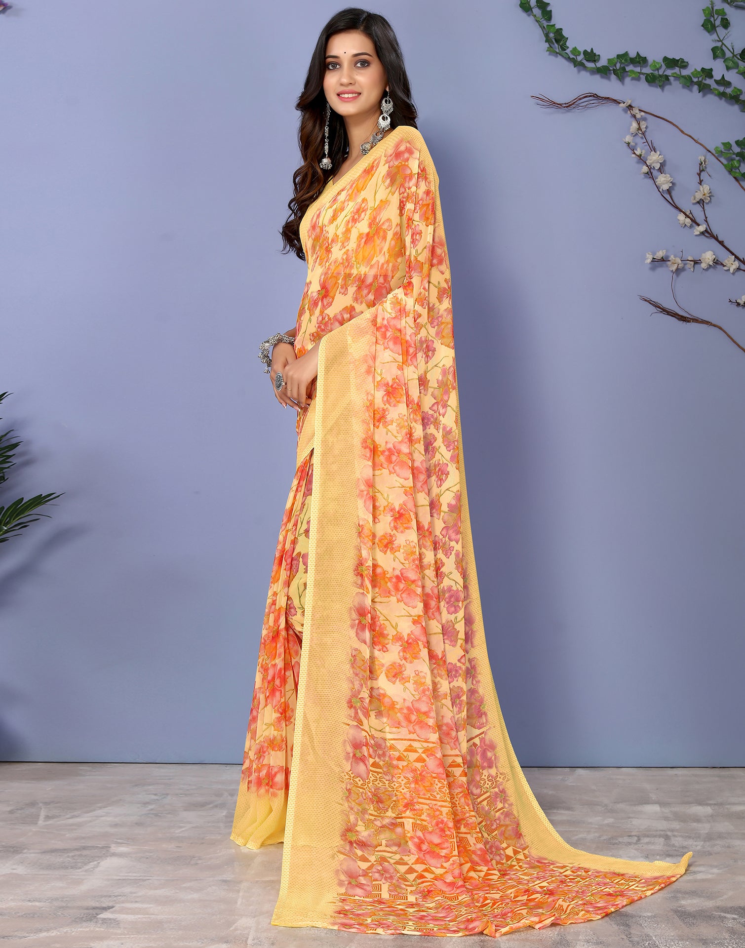 Baronial Floral Print Georgette Trendy Saree