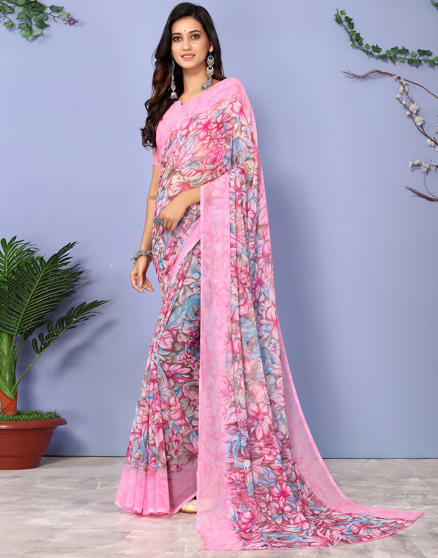 Floral Print Blue Designer Printed Georgette Saree, 6.3 m (with blouse  piece) at Rs 550 in Surat