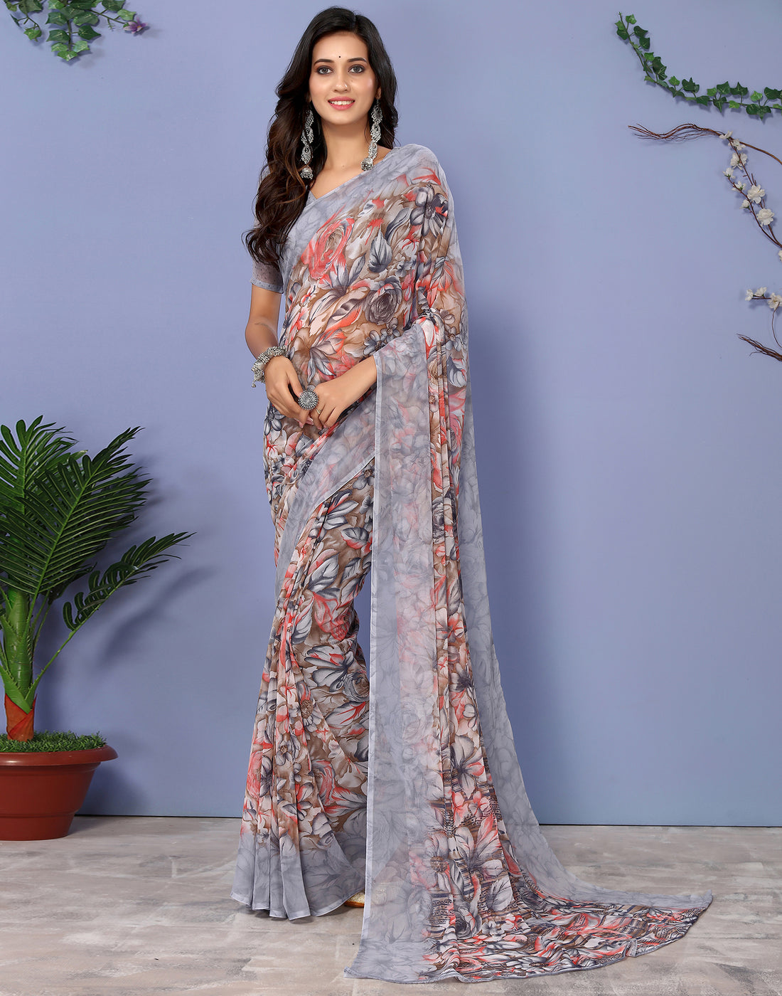 Grey Georgette Floral Printed Saree | Leemboodi