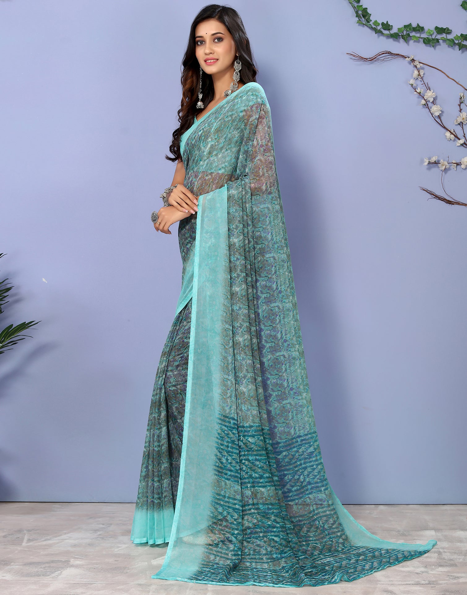 Hazel blue georgette saree set - CHAMEE AND PALAK - 4205175