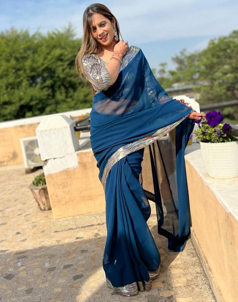 Peacock Blue Zardozi Hand Embroidered Saree and Blouse – Talking Threads