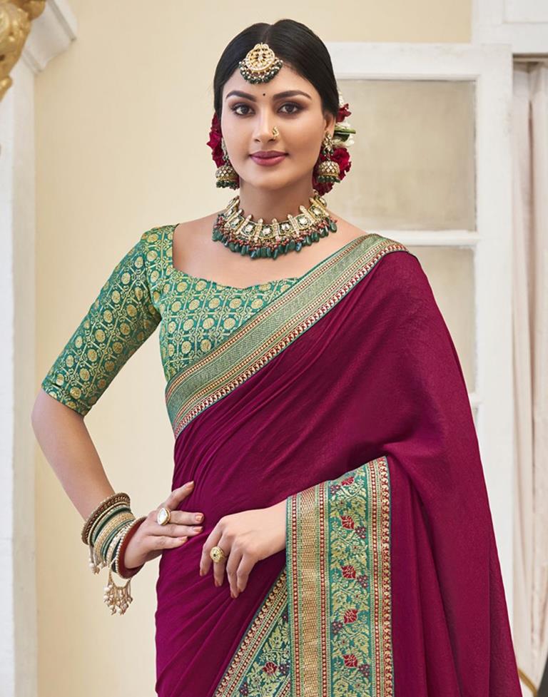 Maroon plain satin saree with blouse - Griva Designer - 3904642