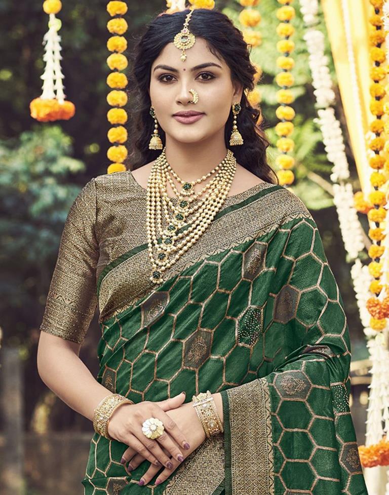 Dark Green Banarasi Silk Saree With Blouse 237086