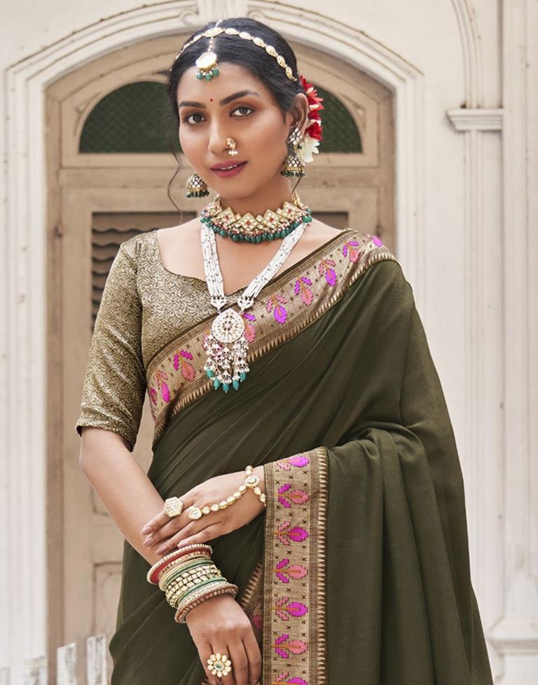 Party Wear Mehndi Green Color Coper Jari Design Silk Saree – vastracloth