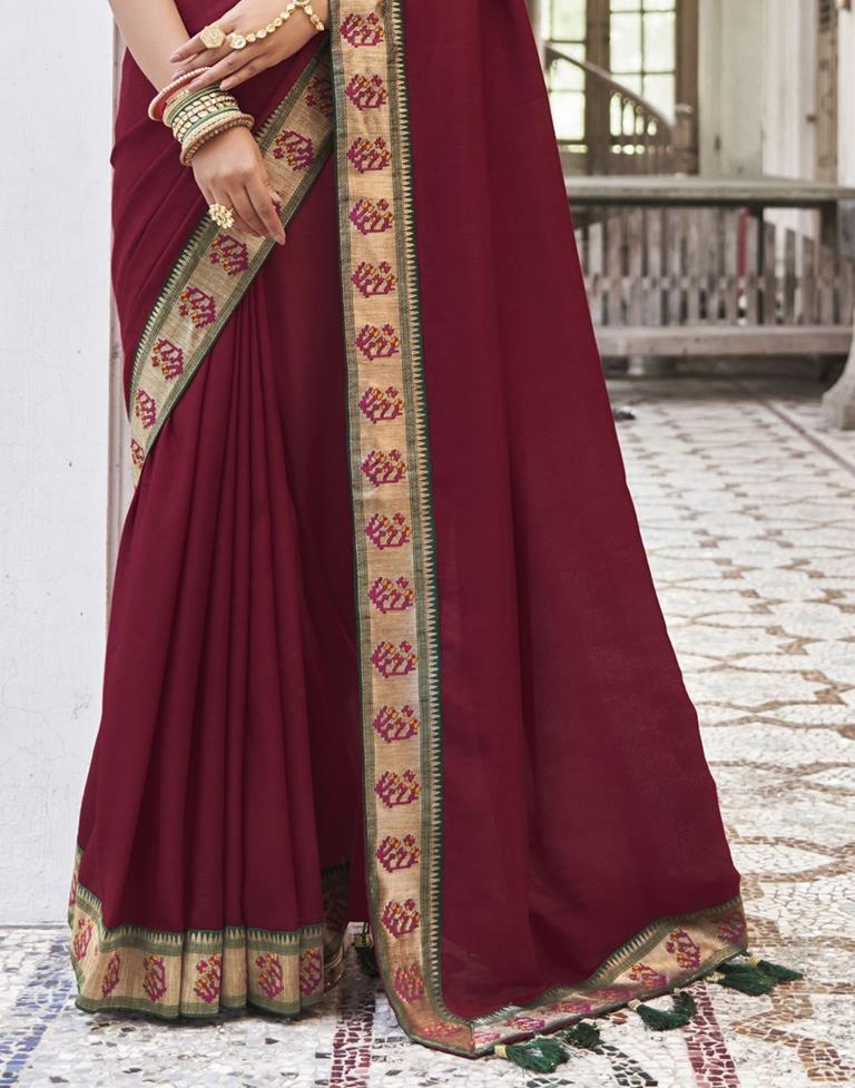 Buy Dusty Maroon Satin Saree With Frilled Sleeved Blouses