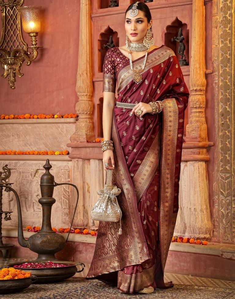 Stunning Maroon Banarasi Cotton Silk Saree - Shop Now! – Luxurion World