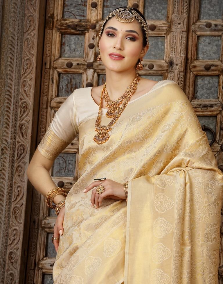 Cream and Pink Banarasi Silk Saree - Urban Womania