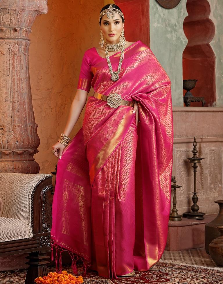 Stunning Dark Pink Kanjivaram Silk Saree and Angelic Blouse Piece –  LajreeDesigner
