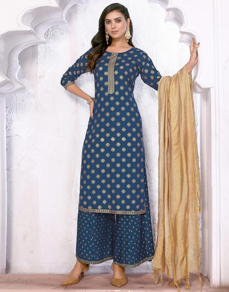 Teal Blue Foil Prined Kurta With Pant And Dupatta