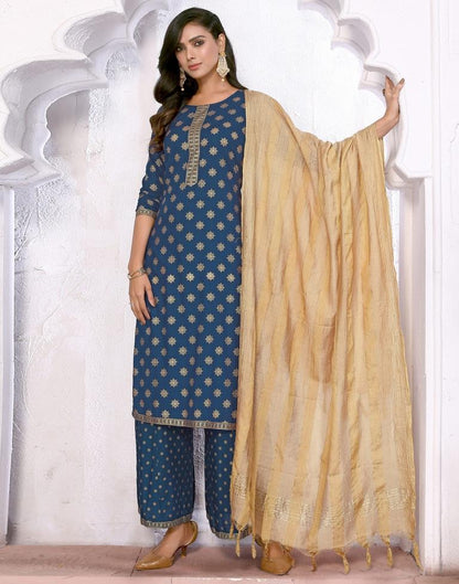 Teal Blue Foil Prined Kurta With Pant And Dupatta