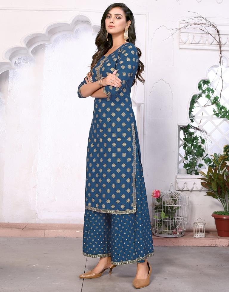 Teal Blue Foil Prined Kurta With Pant And Dupatta