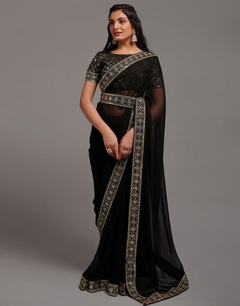 Clothing Fashion Plain Chiffon Black Saree|SARV123333