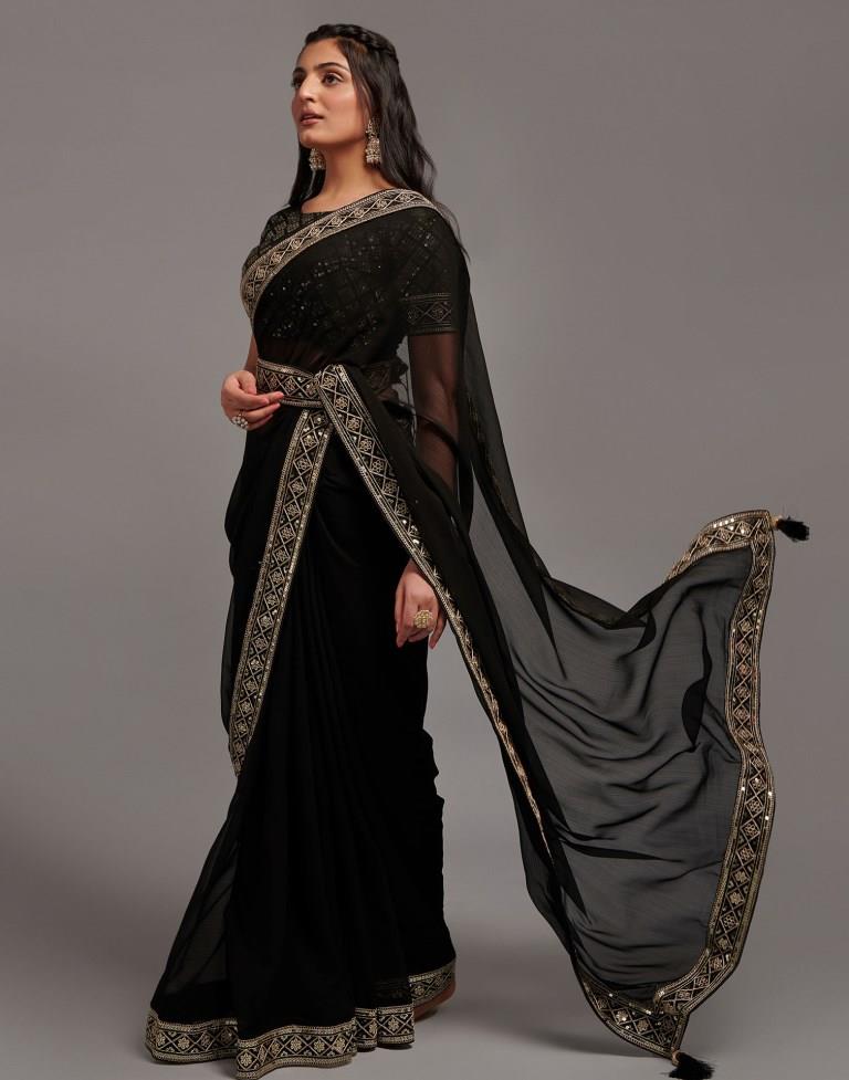 Black Georgette Saree With Floral Self Embroidery And Stones at Soch