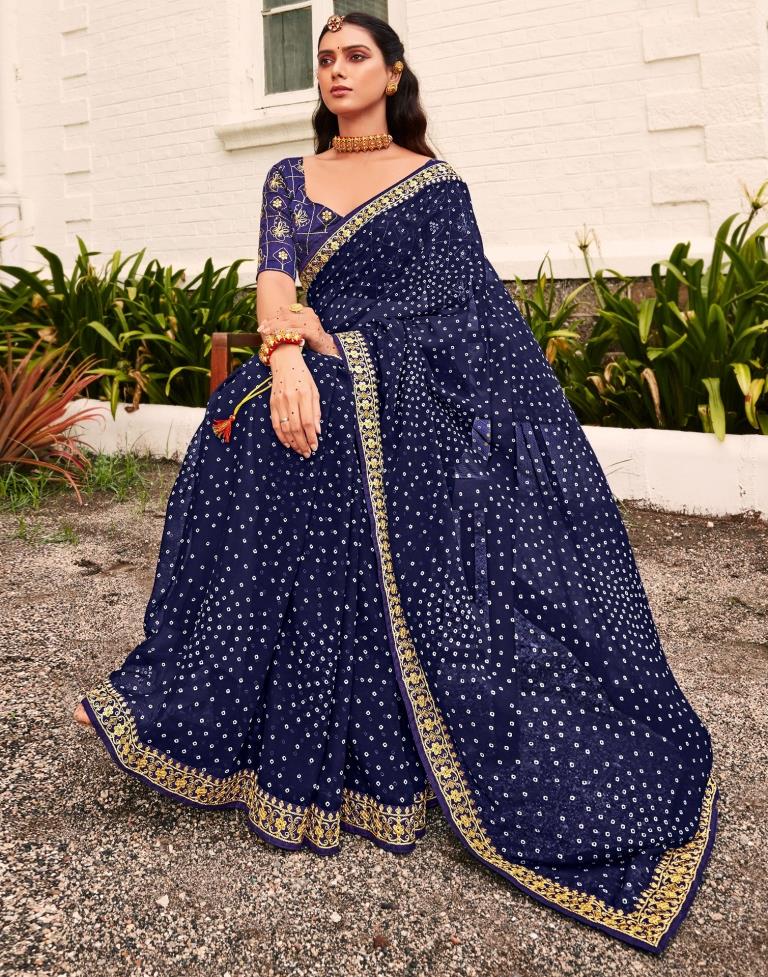 Navy Blue Premium Georgette Bandhej Print Religious Ocassions Sarees For  Rajasthani Bandhani at Rs 650.00 | Bandhej Sarees, बंधनी साड़ी - Uniform  Sarees Corp, Bengaluru | ID: 2850623153755