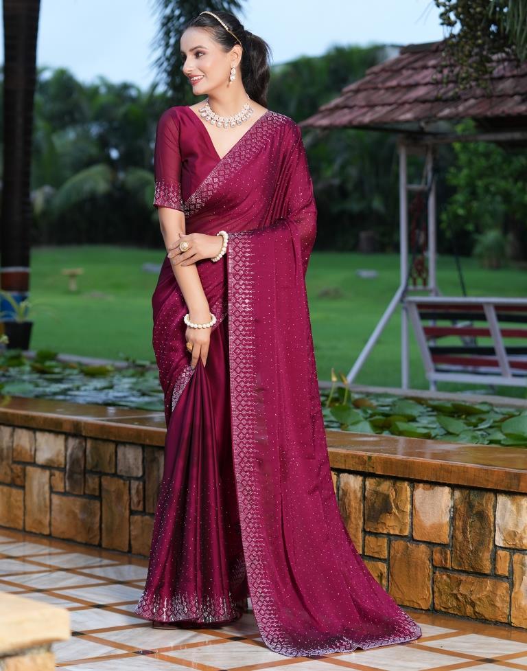 Wine Georgette Designer Fancy Silk Saree With Embroidered Blouse – Rushini