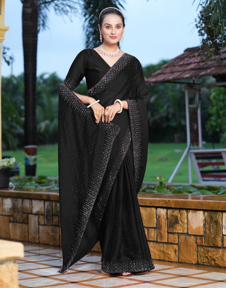 black embroidered georgette saree with blouse - SERONA FABRICS - 3508501