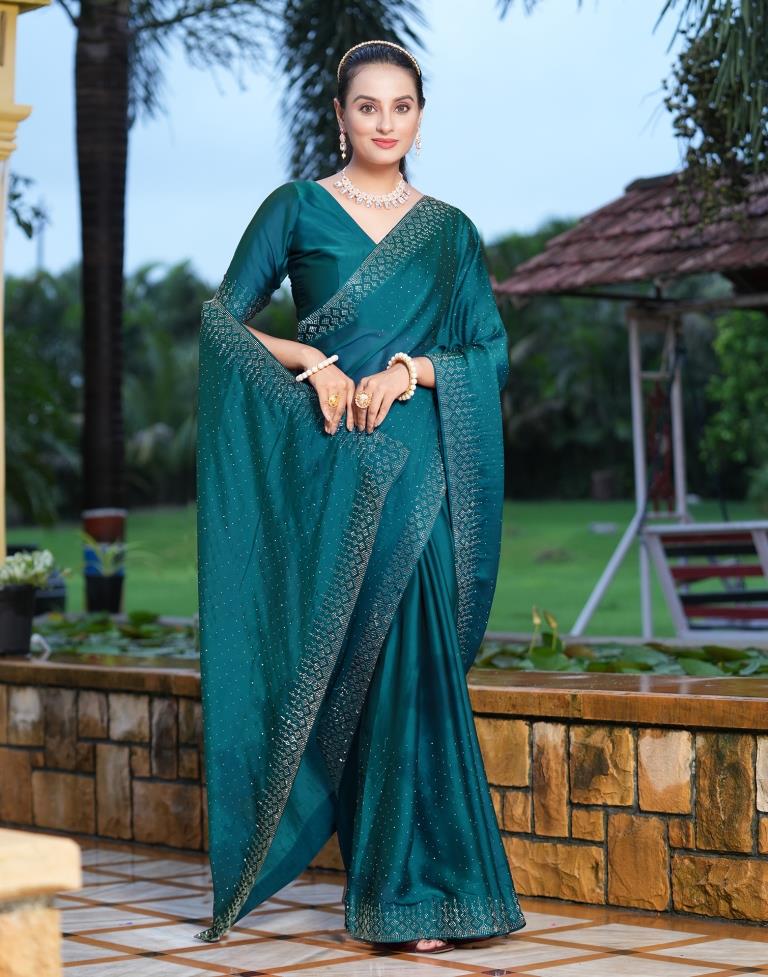 Emerald Green Heavy Sequins Embroidery Georgette Saree - Urban Womania