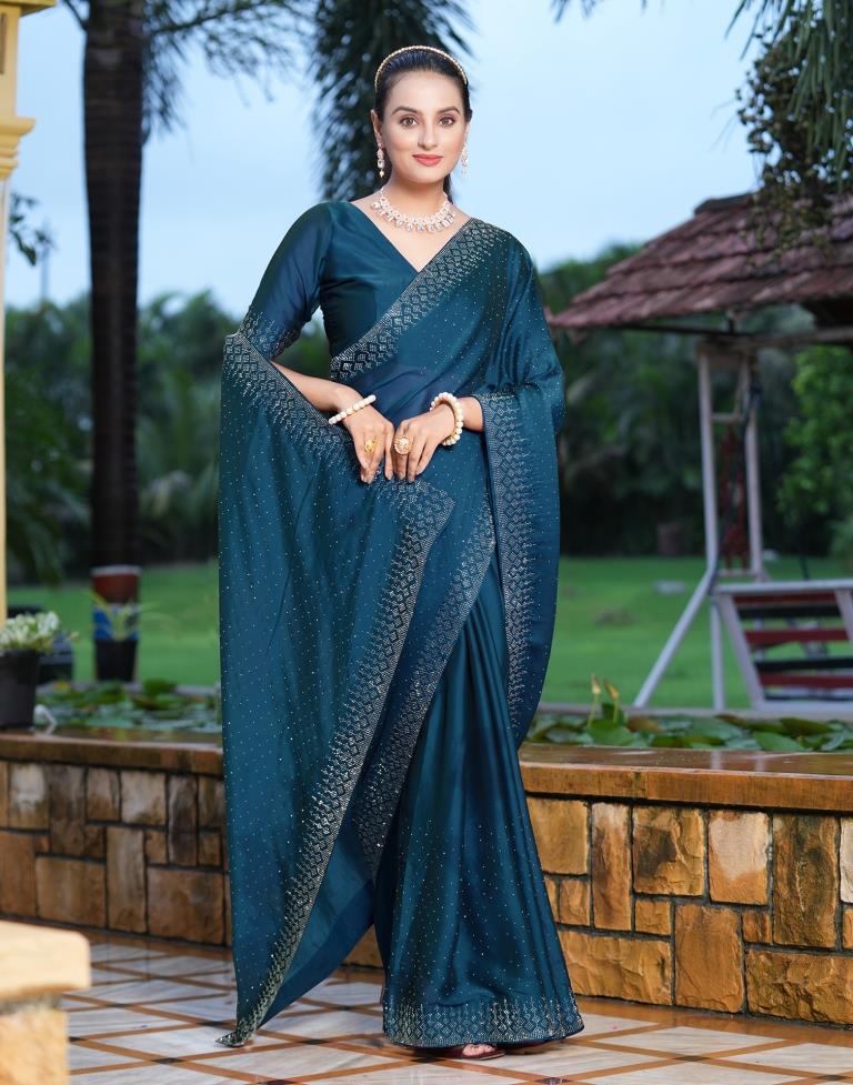 Dark Sky Blue Woven Banarasi Silk Saree - Urban Womania