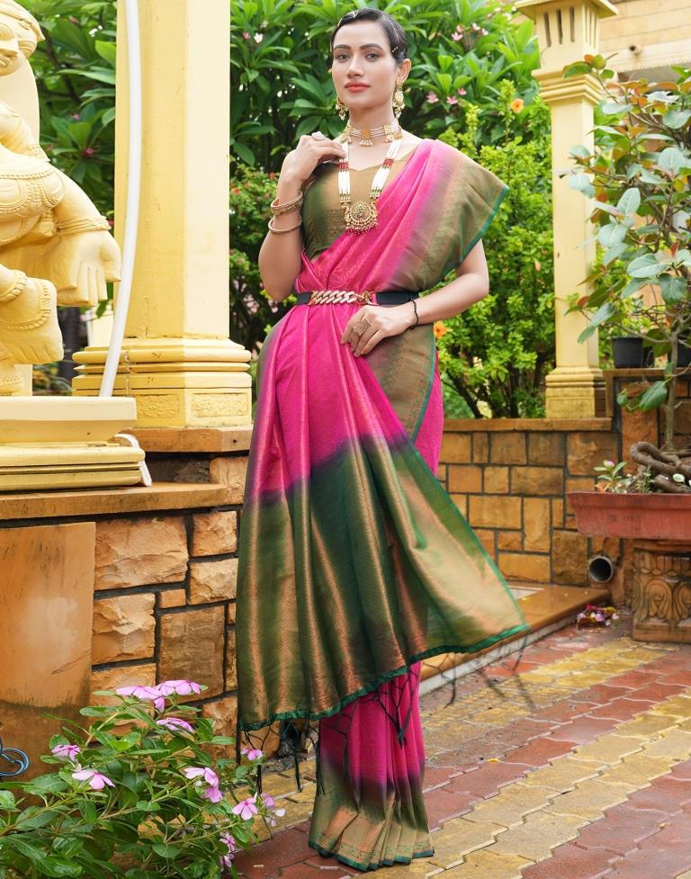 Pink & Silver-Toned Woven Design Zari Tissue Kanjeevaram Saree– Inddus.in