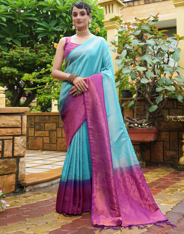 Blue Color Zari Woven Kanjivaram Silk Blend Saree for Wedding - Vootbu