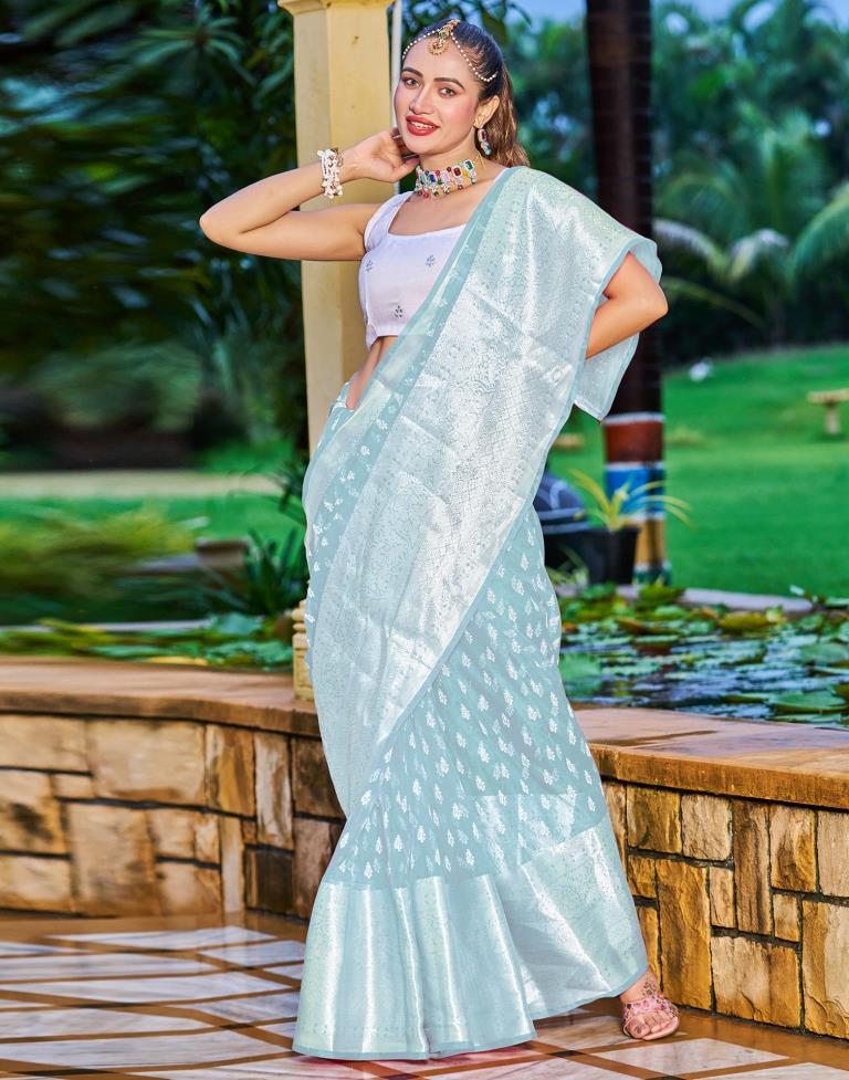 Light Blue Handloom Pure Katan Silk Banarasi Saree With Silver Zari Ja –  WeaverStory