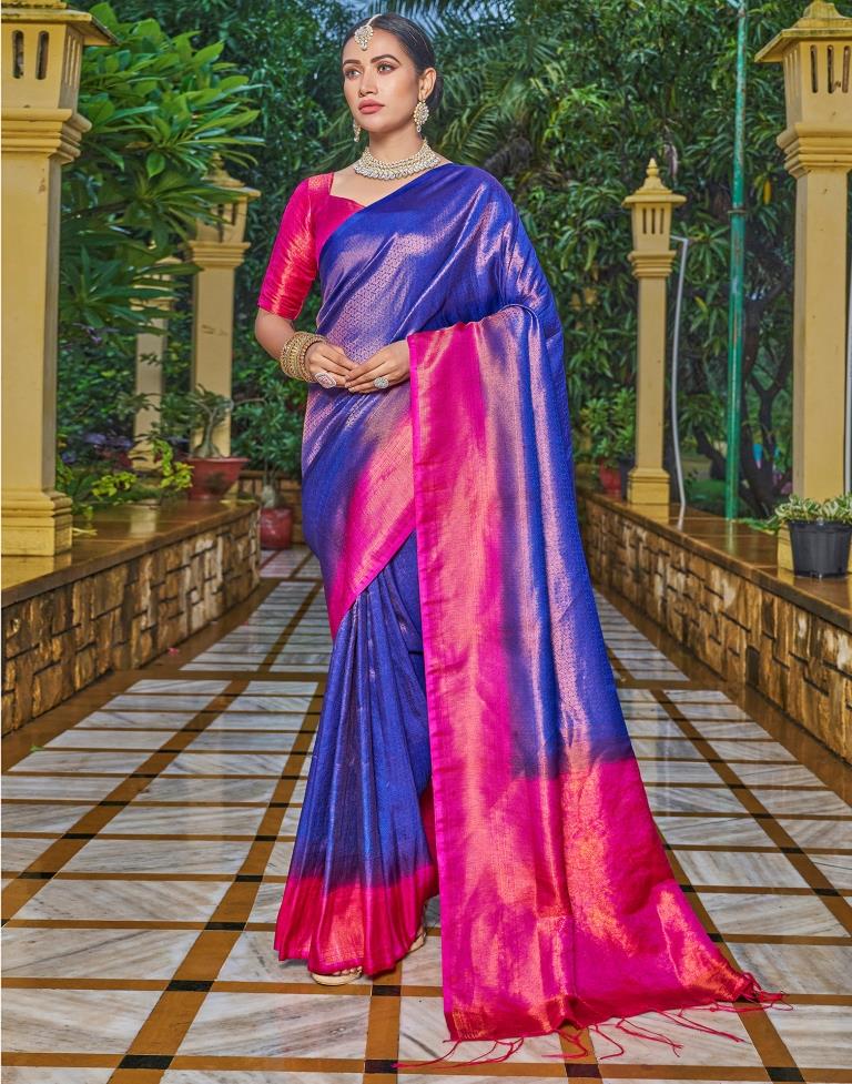 Navy Blue Kanchipuram Silk Saree In Zari Butta Pattern With Pink Zari  Design Pallu! | Pink blouse designs, Pink saree silk, Saree color  combinations