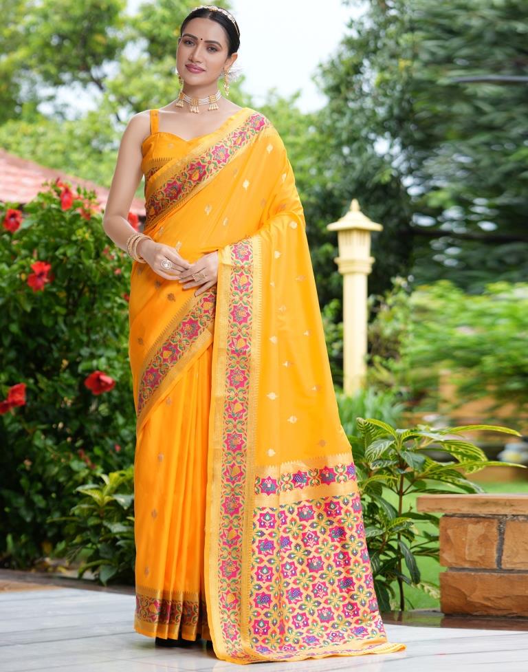 Yellow katan silk handwoven Banarasi saree with meenedar bird border a –  Weaver Street