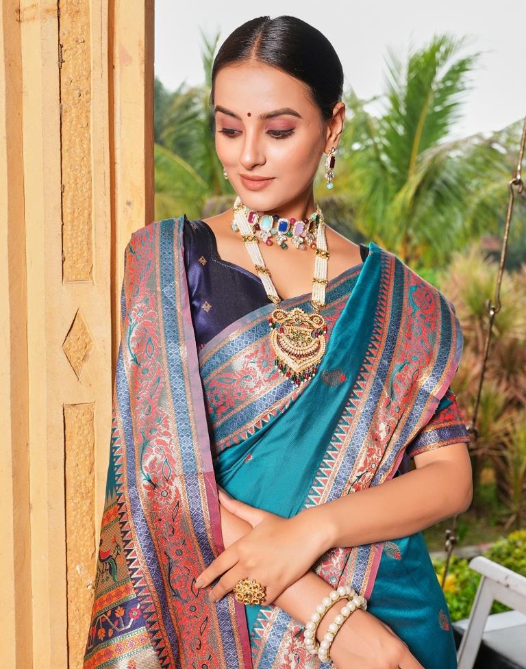 Latest Navy Blue Color Jacquard Silk Paithani Saree