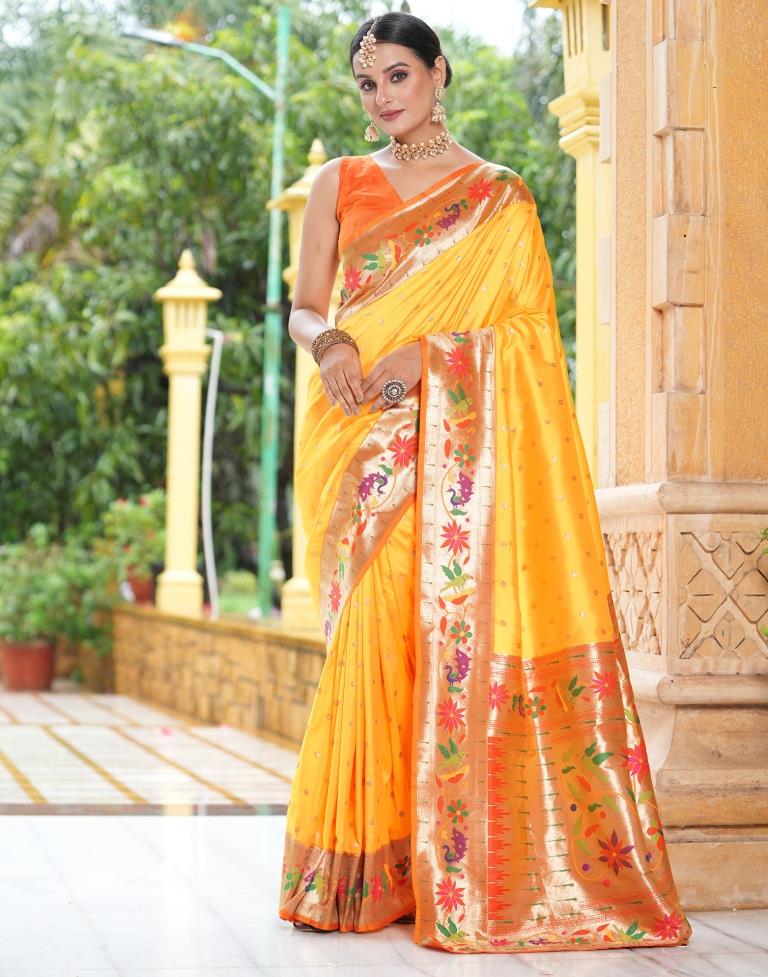 Golden Yellow Paithani Silk Saree – Vishnu Weaves