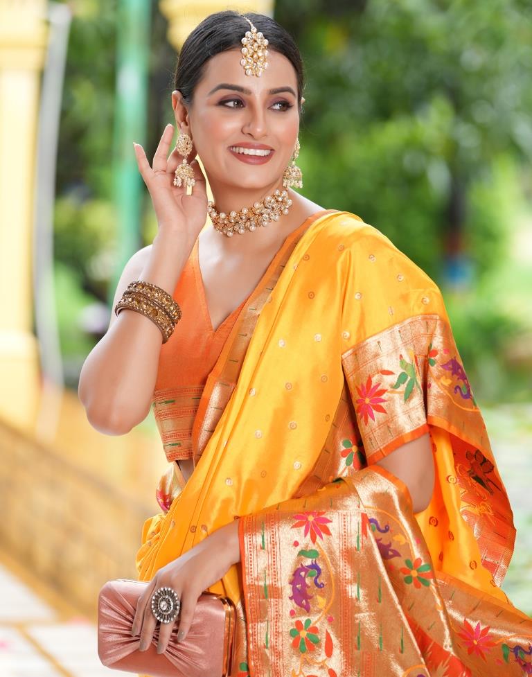 Yellow Paithani Silk Saree With Zari Weaving Work | Leemboodi