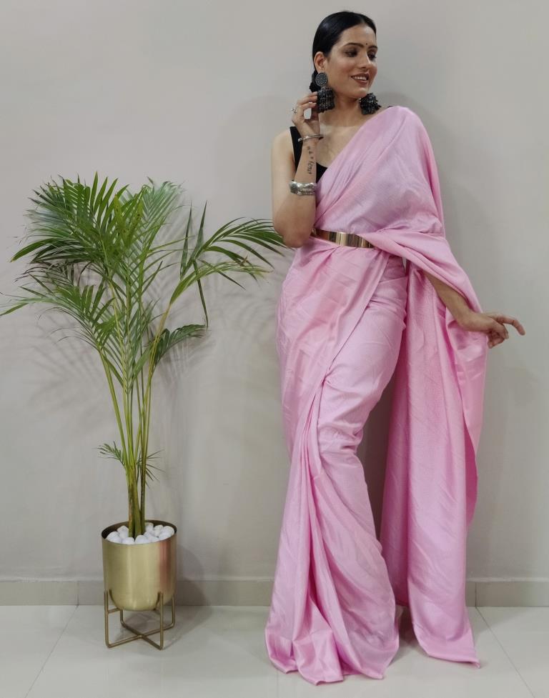 Light Pink Plain Silk Pre-draped Saree – Leemboodi