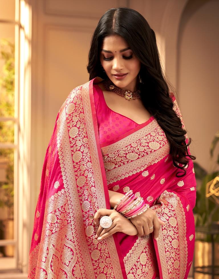 Buy Hot Pink Dola Silk Banarasi Saree with Bandhani Weave