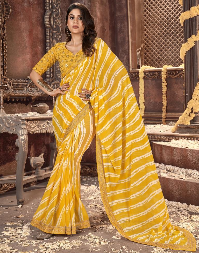 Refreshing Yellow Georgette Crush Pleated Casual Saree With Heavy Blouse –  Kaleendi