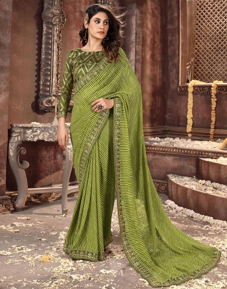 Olive Green Printed Georgette Saree