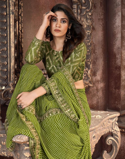 Olive Green Printed Georgette Saree